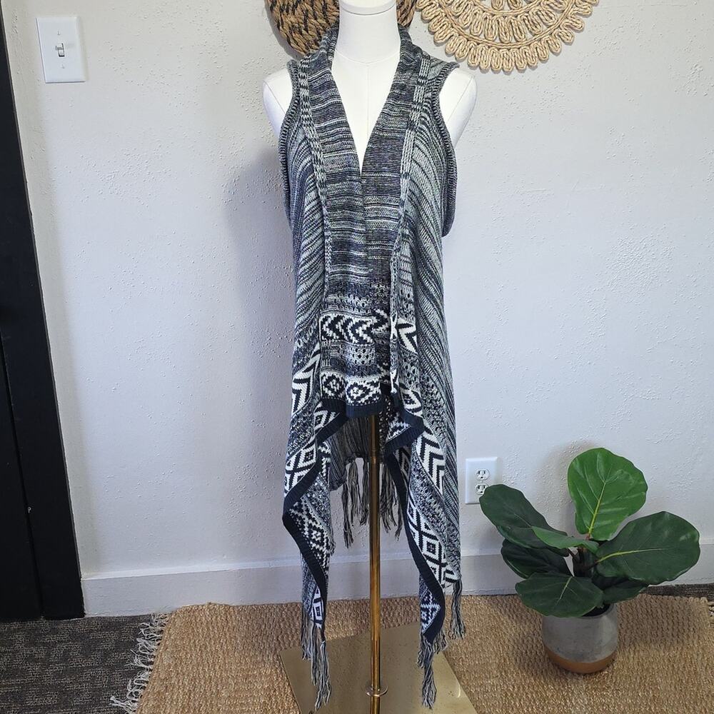 Lildy Blue Asymmetrical Fringe Southwestern Knitted Waterfall Vest Womens L-XL